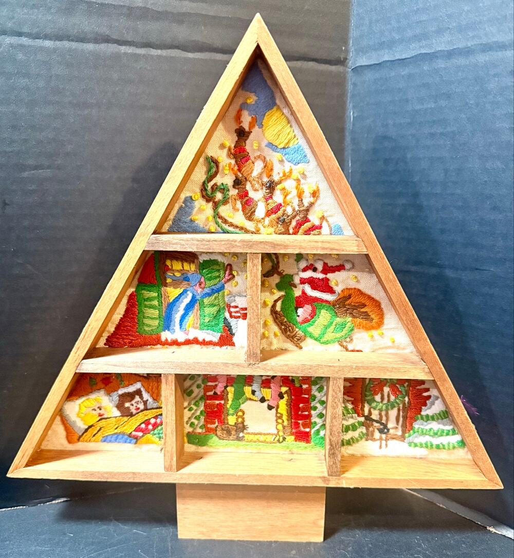 The Night Before Christmas wooden tree-shaped shadow box stitched needlepoint